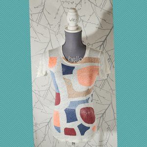 J. Crew White Colorful Mosaic Printed 100% Linen Crewneck Tee